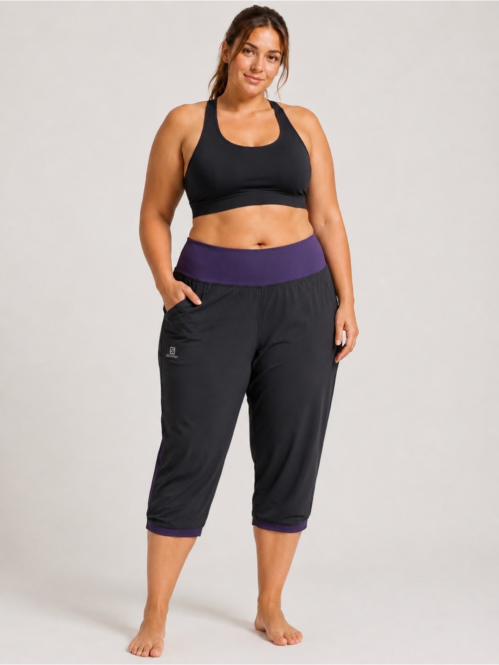 Salomon Women’s Trail Running Capri Pants Black Purple Wide Waistband Pockets